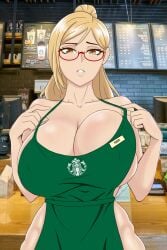 akiyama_kaede apron big_breasts blonde_hair breast_squish brown_eyes cleavage female female_only glasses huge_breasts iced_latte_with_breast_milk kengan_(series) kengan_ashura long_hair looking_at_viewer meme naked_apron name_tag nipple_bulge parted_lips ponytail red-framed_glasses sideboob sirdoggo solo starbucks