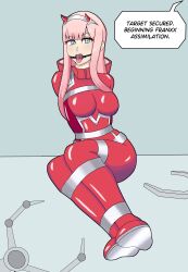 1girls absurd_res arms_tied_behind_back blue_eyes bodysuit bondage breasts darling_in_the_franxx english_text fake_horns female gag gagged hairband horns large_breasts latex legs_tied long_hair pink_hair png red_bodysuit ring_gag saliva starlitewarrior text text_box zero_two_(darling_in_the_franxx)