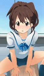 1boy 1girls blue_skirt blush clothed_sex implied_sex pov robotics;notes school_uniform senomiya_akiho straddling