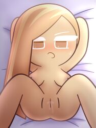 1girls absurd_res arms_behind_head arms_up bed bed_sheet before_sex blonde_hair blush breasts brown_eyes completely_nude cookie_run cookie_run_kingdom embarrassed embarrassed_nude_female eyelashes female female_only financier_cookie hi_res highres laying_down laying_on_bed long_hair lying lying_on_back nipples no_anus nude on_back on_bed open_mouth pussy pussy_juice shaded solo spread_legs sweat sweatdrop tagme tan_body tan_skin vagina wet_pussy yogurt_(artist)