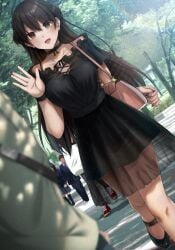 black_dress brown_hair long_hair r_kitada tagme waving