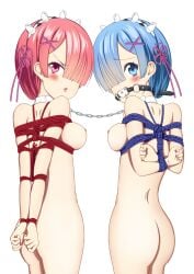 2girls arms_behind_back arms_tied_behind_back ass ball_gag blue_eyes blue_hair bondage bound_together breasts chained collar female femsub gag gagged hair_over_one_eye linked_collar looking_at_viewer looking_back maid maid_headdress medium_breasts multiple_girls multiple_subs nipples nude nude_female pink_eyes pink_hair ram_(re:zero) ranhen re:zero_kara_hajimeru_isekai_seikatsu rem_(re:zero) ribbon_in_hair rope rope_bondage short_hair sisters x_hair_ornament