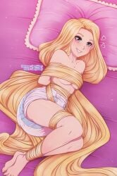 1girls arms_tied_behind_back bed blonde_hair bondage breasts diaper diaper_only disney disney_princess green_eyes hair_bondage hair_over_breasts heart laying_on_bed lazyblazy lazyblazy_(artist) legs_tied long_hair looking_at_viewer medium_breasts pillow pink_pillow rapunzel really_long_hair self_bondage tangled topless very_long_hair white_diaper