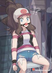 1girls arms_tied ball_gag baseball_cap black_hair black_vest blue_eyes bondage breasts callujy chair denim_shorts folding_chair gag gagged hat hilda_(pokemon) looking_at_viewer medium_breasts nintendo pokemon pokemon_bw ponytail ripped_shorts rope rope_bondage shorts storage_room tank_top tied_to_chair vest white_tank_top