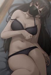 brown_hair long_hair looking_at_viewer lying_on_back mask r_kitada tagme underwear