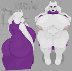 1girls 2d ass_in_dress big_areola big_nipples bottomless bottomless_skirt bubble_butt butt_crack_outline chubby dress dress_lift female female_only huge_breasts huge_nipples kaydude no_bra no_panties solo tagme toriel undertale undertale_(series)