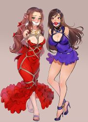 2girls aerith_gainsborough ankle_cuffs arms_behind_back arms_tied_behind_back back_bow ball_gag big_bow black_hair bondage bowtie braided_ponytail breasts brown_hair chains choker cleave_gag cuffs dress earrings elegant_dress female femsub final_fantasy final_fantasy_vii flower_in_hair gag gagged green_eyes high_heels large_breasts legs_tied long_dress long_hair multiple_girls multiple_subs necklace open_toe_shoes painted_toenails purple_dress red_bow red_dress red_eyes ribbon_in_hair rope rope_between_breasts rope_bondage saneperson shibari_over_clothes short_dress strapless strapless_dress tifa_lockhart