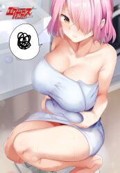 big_breasts pink_hair r_kitada short_hair squatting tagme towel