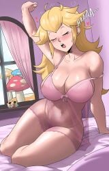 1girls bedroom blonde_hair blue_eyes breasts echosaber female female_only hi_res hips huge_breasts indoors light-skinned_female light_skin lingerie long_hair mario_(series) mushroom nintendo pink_lingerie princess_peach slim_waist stretching super_mario_bros. thick_thighs thighs waking_up wholesome wide_hips yawn yawning