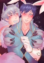 2boys alternate_costume big_nipples blush breast_grab bunny_boy bunny_ears bunnysuit chest_squeeze chrom_(fire_emblem) chrom_(spring)_(fire_emblem) double_breast_grab fire_emblem fire_emblem_awakening fire_emblem_heroes gay grima_(fire_emblem) groping halloween_costume kinksparcle male male_only multiple_boys nintendo nipple_bulge official_alternate_costume puffy_nipples robin_(fire_emblem) robin_(fire_emblem)_(male) robin_(male)_(halloween)_(fire_emblem) solo_focus teasing wolf_ears yaoi