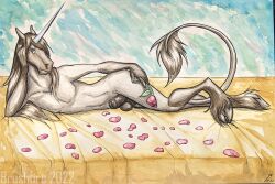 animal_genitalia balls bed brushfire equid equine flower furniture genitals horn horse male mammal painting painting_(artwork) pinup plant pose rayne rose_(flower) sheath teasing traditional_media_(artwork) unicorn watercolor_(artwork)