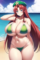 1girls 2d ai_generated bangs beach blue_eyes braid braids cleavage clouds color female female_only green_bikini hat hong_meiling jj_zalem light-skinned_female light_skin long_hair looking_at_viewer nai_diffusion navel outside red_hair sea skindentation sky smile stable_diffusion thighs touhou voluptuous