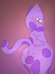 2021 animal_crossing anthro anus ass backsack balls blush bob_(animal_crossing) chunknudies digital_media_(artwork) domestic_cat felid feline felis fur genitals hi_res looking_at_viewer looking_back male mammal nintendo nude purple_body purple_fur solo video_games