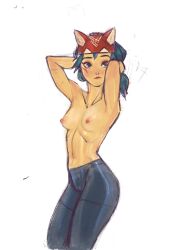 2d arms_behind_head arms_up bandana blizzard_entertainment breasts facial_markings fox_mask green_hair idioluck kiriko_(overwatch) leggings nipples overwatch overwatch_2 small_breasts topless