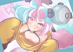 1girls areolae blue_and_pink_hair breasts eye_contact fancy_shmancy_hair_clips female female_only gym_leader iono_(pokemon) long_hair looking_at_viewer nintendo nipples pink_eyes pokemon pokemon_sv sandrewf sharp_teeth small_breasts smile solo two_tone_hair