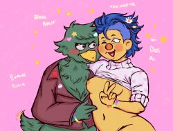 andromorph anthro avian breasts casual casual_exposure casual_nudity chest_tuft cuntboy don't_hug_me_i'm_scared draculaur4_ duck_guy_(dhmis) feathers female femboy fluffy girly green_feathers green_fur intersex nipples rule_63 shirt_lift yellow_guy_(dhmis)