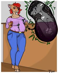 anthro black_hair brown_fur bulge_through_clothing drink drinking fangs female female/male female_pred gray_fur jeans loleczeq male_prey party pink_shirt red_hair tagme vore