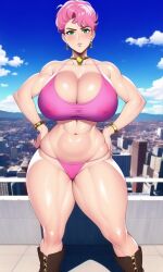 1girls aged_up ai_generated big_breasts blue_sky blush bracelet bracelets brown_boots city cityscape cleavage clouds cloudy_sky collar curvaceous curvy curvy_figure earrings erect_nipples female female_only frown gold_bracelet gold_earrings green_eyes high_heel_boots high_heels huge_breasts jojo's_bizarre_adventure large_breasts legs_apart looking_at_viewer midriff muscular_female nai_diffusion nipples nipples_visible_through_clothing outdoors pink_hair pink_panties pink_sports_bra posing rooftop shiny_skin short_hair solo solo_female solo_focus sports_bra stable_diffusion thick_legs thick_thighs toned toned_female trish_una upscaled vento_aureo voluptuous wide_hips