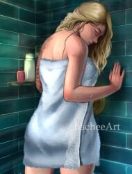 1girls after_shower bacheeart blonde_hair blue_eyes dbd dead_by_daylight female female_focus female_only kate_denson looking_at_viewer looking_back presenting presenting_hindquarters shower solo_female standing tattoo tattooed_arm tattoos towel towel_only towel_wrap wet