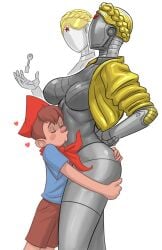 1boy 2girls ass_grab atomic_heart breasts brown_hair female flick grey_body heart height_difference hug kissing kissing_belly kissing_stomach left_(atomic_heart) male pioneer_(atomic_heart) right_(atomic_heart) robot robot_girl robot_joints side_view the_twins_(atomic_heart) video_games white_background