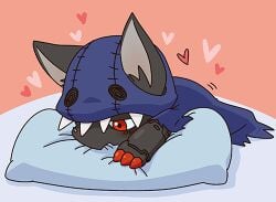 appmon_(species) bandai_namco blush clothed clothing digimon digimon_universe:_appli_monsters grinding hackmon_(appmon) heart humping low_res male masturbation pillow pillow_humping solo suda_8823