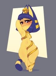 2022 animal_crossing ankha blush breasts cleavage heart-shaped_pupils huffslove nintendo revealing_clothes small_breasts thick_thighs thighs wide_hips