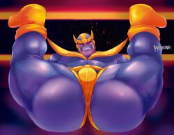 1boy abs absurd_res angry ass bara barajockstrap bulge_through_clothing butt clothed clothing gay hi_res huge_butt inviting looking_at_viewer male male_only marvel presenting presenting_butt purple_skin solo solo_focus spread_legs thanos thick_thighs