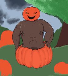 brown_body brown_skin darkened_genitalia food fruit genitals glowing glowing_eyes hi_res humanoid male meowne_mew muscular pecs penis penis_base plant pumpkin pumpkin_head solo wooddaddy