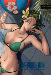 1girls bangs bare_shoulders beach beach_ball beachball belly belly_button big_breasts bikini bracelet breast_press breast_squeeze breast_squish breasts cleavage color colored curvy curvy_body curvy_female curvy_figure dark_green_hair earrings eye_contact eyelashes female female_focus female_only flower_in_hair fringe fubuki_(one-punch_man) glowing_eyes green_eyes green_hair hand_on_face hips hourglass_figure large_breasts laying_down laying_on_back laying_on_ground light-skinned_female light_skin lips lipstick looking_at_viewer lying lying_on_back lying_on_floor medium_hair midriff murata_yuusuke navel official_art one-punch_man pink_lips pink_lipstick shiny_skin short_hair slim slim_waist smile smiling smiling_at_viewer smirk solo solo_female solo_focus stomach sweat sweating thin_waist toned toned_female toned_stomach voluptuous waist wide_hips