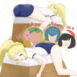 2girls 4girls ass bloomers blue_bloomers buruma clothing dark_skin female female_only gym_clothes huge_ass human human_only lana_(pokemon) light_skin lillie_(pokemon) mallow_(pokemon) microsd_(artist) multiple_girls nintendo pokemon pokemon_sm ponytail selene_(pokemon)