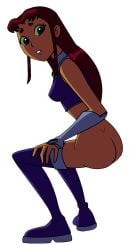 1girls accurate_art_style ass bare_shoulders boots bottomless dc dimples_of_venus edit female green_eyes green_sclera orange_skin randomrandom red_hair small_breasts solo squatting starfire teen_titans thigh_boots transparent_background