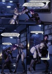 3d asari catfight comic english_text forced groin_kick hair_pull hair_pulling helmet helmet_removed knee_to_groin liara_t'soni mass_effect page_2 potatofire777 shoving speech_bubble tali'zorah_nar_rayya