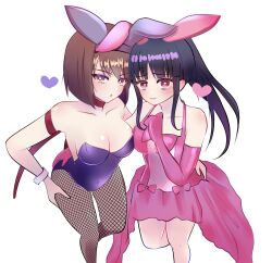 2girls artist_request big_breasts blue_hair blush breasts brown_eyes brown_hair bunny_girl busty cleavage clothing covered_navel cute dress embarrassed female female_only hand_on_hip heart highres kanzaki_sumire large_breasts legs leotard long_hair looking_at_viewer medium_breasts mole mole_under_eye multiple_girls open_mouth playboy_bunny ponytail rabbit_ears red_eyes sakura_shinguji sakura_wars sega short_hair thighs