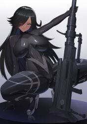 1girls black_hair blue_eye bodysuit dark-skinned_female dark_skin eye_visible_through_hair female female_focus female_only gun hair_over_one_eye heterochromia milf original red_eye sniper_rifle solo tatakau_ataisuru tight_clothing ultra_(511455329) weapon zara_moussa