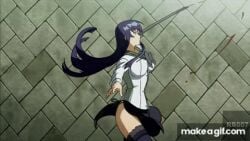 animated anime big_breasts breasts garter_belt garter_straps highschool_of_the_dead jiggle official official_art purple_hair saeko_busujima school_uniform schoolgirl schoolgirl_uniform stockings sword tagme