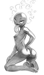 2022 anthro anthrofied ass biped breasts fangs female female_pokemon gastly generation_1_pokemon genitals greyscale hand_on_butt hi_res kneeling long_tongue looking_at_viewer monochrome nintendo nipples pinktaco plantigrade pokemon pokemon_(species) pussy simple_background small_breasts solo tongue video_games white_background