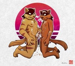 anthro balls bodily_fluids brown_body brown_fur cum cum_drip cum_everywhere cum_on_belly cum_on_body cum_on_chest cum_on_face cum_on_ground cum_on_leg cum_on_penis cum_on_shoulder cumshot domestic_cat dripping duo ejaculation erection felid feline felis frottage fur genital_fluids genitals hanna-barbera hi_res jake_clawson male male/male mammal mask messy mostly_nude nipples orgasm paper_background pawpads paws penetrable_sex_toy penis razor_(swat_kats) sex sex_toy sharing_sex_toy simple_background swat_kats sweaciabic textured_background white_background yellow_body yellow_fur