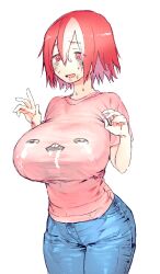 alternate_breast_size alternate_costume bags_under_eyes big_breasts female female_only fully_clothed huge_breasts inframammary_clothing_crease jeans looking_down maaa made_in_abyss nervous red_eyes red_hair sabuko_(pooooo) short_hair solo sweat t-shirt tight_clothing two_tone_hair vueko