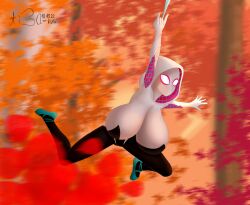 1girls aiba-kun big_breasts bodysuit costume forest forest_background ghost-spider gwen_stacy gwen_stacy_(spider-verse) large_breasts maple_leaf marvel marvel_cinematic_universe solo spider-gwen spider-man:_into_the_spider-verse spider-man_(series) trees