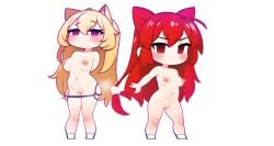 2girls animal_ears blonde blush chibi female_only gacha gacha_club long_hair medium_breasts multiple_girls naked purple_eyes red_eyes red_hair standing tagme