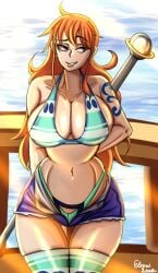 1girls big_breasts bikini breasts busty cleavage clima-tact curvy eternalsleeper2 female female_only jeans nami one_piece orange_hair post-timeskip pubic_hair pubic_hair_peek short_shorts shorts shoulder_tattoo solo tattoo thick_thighs thighhighs thong voluptuous