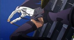 animated anime big_breasts breasts garter_belt garter_straps highschool_of_the_dead jiggle official official_art panties purple_hair saeko_busujima school_uniform schoolgirl schoolgirl_uniform stockings sword tagme thick_thighs thighs