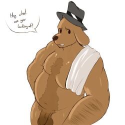 absurd_res anthro body_hair brown_body canid canine canis clothing domestic_dog hat headgear headwear hi_res male mammal overweight sam_and_max samuel_dog slightly_chubby solo text towel wooddaddy