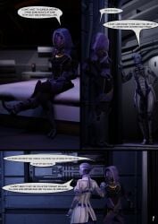 3d asari bed comic english_text hands_on_hips liara_t'soni mass_effect page_1 passive_agressive potatofire777 pushing shoving sitting_on_bed speech_bubble tali'zorah_nar_rayya