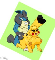 absurd_res anthro ass big_breasts blush bodily_fluids bouncing_breasts breasts butt_grab clothing cosplay_pikachu cum doggy_style duo excessive_cum excessive_genital_fluids fan_character female from_behind_position generation_1_pokemon generation_4_pokemon genital_fluids hand_on_butt hi_res huge_breasts leaking_cum lucario male male/female nintendo orgasm_face ori-doggo penetration pikachu pokemon pokemon_(species) sex thick_thighs video_games volta_(ori-doggo)