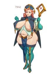 areola areola_slip barchode bbw belly_button blue_eyes breasts cloth female gloves headdress huge_breasts loincloth mage mole mole_on_breast mole_under_mouth orange_hair scepter thick_thighs thighhighs venus_body