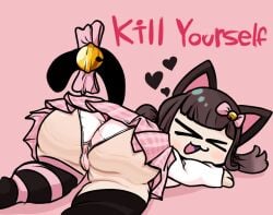 ass black_pubic_hair cat_ears cat_tail detailed english_text meowbahh minecraft_youtubers panties pink_background pink_skirt pubic_hair pubic_hair_peek riawanaa_(artist) skirt tail text virtual_youtuber white_panties