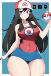 ai_generated artist_self-insert blue_eyes emzie01 funemily1 heterochromia large_breasts long_hair nai_diffusion pokeball pokemon pokemon_trainer red_eyes short_shorts smile stable_diffusion tagme thick_thighs watermark wide_hips