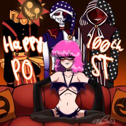 animatronic artist_self-insert artist_signature blood_moon blood_moon_(sun_and_moon_show) celebration costume couch cute_deth cute_deth_(character) daycare_attendant_(fnaf) eclipse_(sun_and_moon_show) emo_girl five_nights_at_freddy's five_nights_at_freddy's:_security_breach goth_girl halloween halloween_costume human meme moondrop pink_eyes pink_hair piper_perri_surrounded robot scottgames self_insert spiked_collar sun_and_moon_show