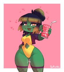 <3_eyes 1girls bangs beverage blunt_bangs bodily_fluids borvar breasts clothed clothing female female_only fishnets genital_fluids goblin goblin_female green-skinned_female green_body green_skin heart hi_res humanoid jackie_(durgentamar) leotard not_furry original original_character pussy_juice shortstack solo wide_hips